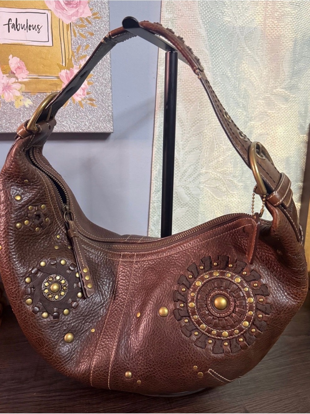 Coach Mia Brown Studded Leather Shoulder Hobo